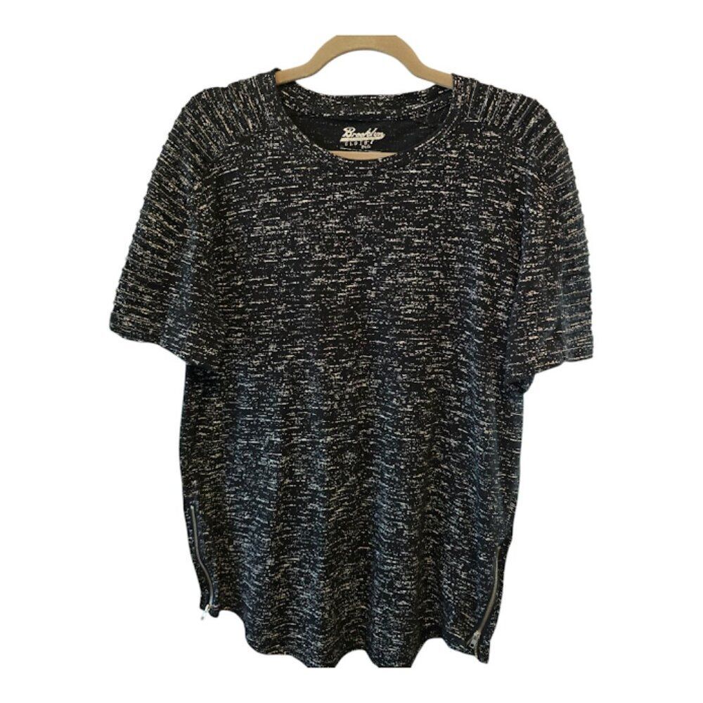 BROOKLYN CLOTH MFG CO BLACK WHITE MENS SHORT SLEEVE SHIRT SIZE LARGE SIDE ZIPS